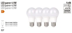 LED-pære E27 standard 4,9 W E27 4-pk.