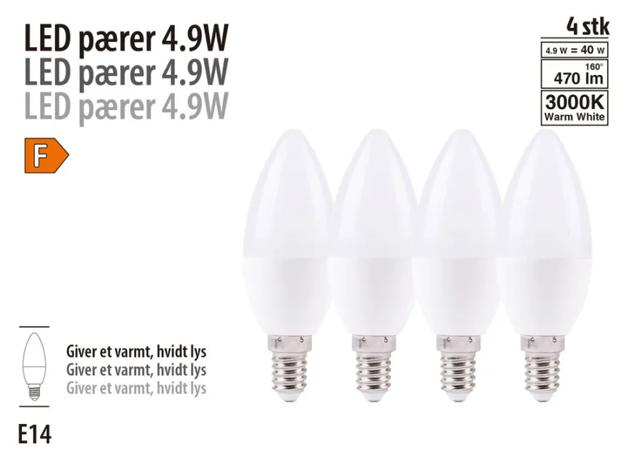 LED-pære 4-pk mignon E14 4,9 W