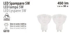 LED-spotpære 5 W GU10 dimbare - 2-pk.