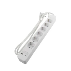 Skjøteledning 6-veis schuko m/USB og bryter hvit 1,5 m